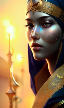 Arab princess , cute, beautiful, black eyes,Veiled, cinematic, 8k, resolution concept art portrait by Greg Rutkowski, Artgerm, WLOP, Alphonse Mucha dynamic lighting hyperdetailed intricately detailed