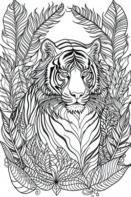 outline art for an Adult coloring page, Tiger with a jungle background, Sketch style, head, only use outline< Mandala style, clean line art, white background, no shadows and clear and well