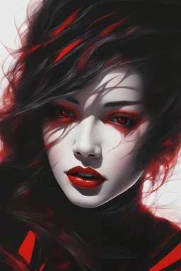 a black and red portrait of a woman's face, neon horror, air brush painting by Hajime Sorayama and Dan Hillier, cgsociety, dark erotica, avant garde gothic androgynous, mixed media, dystopian art, cosmic art, analog horror, nightmarefuel, hauntingly beautiful, beautifully ominous, sharp and razor focused in stunning HD, world class art, unique, modern masterpiece, exceptional, exquisite, dark fantasy, grime, neoism, apocalypse art, calotype