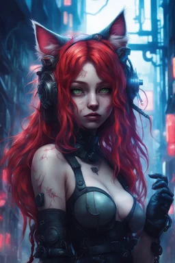 CAT GIRL, FANTASY, VINES, SOULLESS, FLUFFY TAIL, RED HAIR, CYBERPUNK