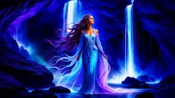 A fantasy digital painting of a goddess-like beautiful woman under a glowing, bioluminescent waterfall. The magical, blue and purple water flows over her head as if blessing her. She has long flowing hair and an ethereal, powerful expression. The surrounding cave is filled with glowing crystals and magical flora. Epic composition, dramatic lighting, vibrant colors, highly detailed.