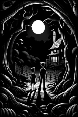 Create a black, gray and white scene inspired by the style of illustration in the 1939 movie 'Mickey's Nightmare,' with a slight twist of horror. Incorporate exaggerated characters, and distorted perspectives to bring the Nightmare like quality to life, while subtly infusing elements of darkness and unease. Feature the characters Rick and Carl Grimes from 'The Walking Dead' as they navigate this eerie dreamscape, encountering blood thirsty zombies along the way.