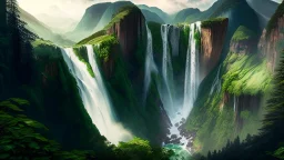 The image showcases a mesmerizing view of a massive waterfall cascading from the top of a mountain hill, with the waterfall soaring to a great height and flowing forcefully into the valley amid lush green trees and vegetation. The image reflects the beauty and power of nature and its enchanting impact on the surrounding environment, inviting viewers to explore these magnificent natural landmarks around the world.