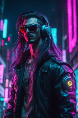 male cyberpunk solo with long hair, korean, Wearing Urban Gang Flash and mirrored dark sunglasses, headaphone, strong cyber warrior, black tatoo, attrakvtive man, Retroanime, rembradt lighting, neon complementary colors, dark vibe, scifi