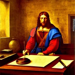 leonardo da vinci works on laptop at his desk. painting in photoshop. hyperdetailed, warm colors, movie poster, oil on canvas,