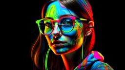 3d fluorescent graffiti draw, woman wearing glasses with paint, face colorfull,