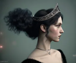 1800s, witch, victorian, portrait, choker, black curly hair, victorian dress, beautiful, silver tiara, hair headdress, elegant