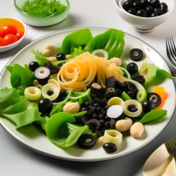 A plate of salad, pasta, and pieces of black olives are placed on the plate