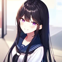 Clear focus,High resolution, Black long straight hair, Long bangs, and purple eyes, Looking down on you, wearing a sailor uniform that is black and red, Detailed hair,Bloody, Smiling