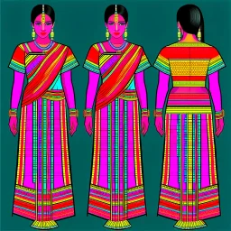 Aesthetic, 3D, Digitized, Hyper realistic, Surreal, Mesmeric, "Assamese Ethnic Tribal / Traditional Woven Women Attire" & Textile (Handloom) Industry themed Mekhela Chador (The bottom half of this distinct dress is called the 'Mekhela ', a round fit used waist downwards over a petticoat) designs, **Featured Designs:** The Revivalist - A young Assamese woman on a mission to revive fading weaving traditions. She combines old and new in her advocacy for mekhela sador. **Appearance:** Fictional fema