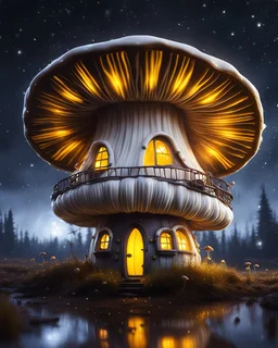 An illogically floating mushroom house on a clear night. white and white and yellow, Stars Dark cosmic interstellar. Detailed Matte Painting, deep color, fantastical, intricate detail, splash screen, hyperdetailed, insane depth, concept art, 8k resolution, trending on Artstation, Unreal Engine 5, color depth, backlit, splash art, dramatic, High Quality Whimsical Fun Imaginative Bubbly, perfect composition