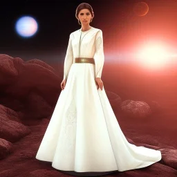 model shoot style, digital art zoomed out portrait of (Princess Leia) ((dressed in white and off white gown)), surrounded by 100 planets, ultra-detailed, ultra quality, illustration, eerie atmosphere, 8k, cinematic lighting