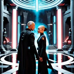 a bold and heroic bald male Corellian pilot in black and metallic grey First Order special forces gear meets a female Jedi Master in ancient, mystical temple, hyperdetailed, dynamic lighting, hyperdetailed background, 8k resolution, volumetric lighting, light skin, fully symmetric details