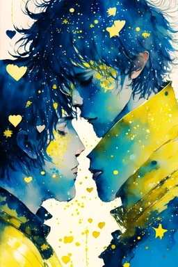 portrait anime man kissing man, ,yellow, stars hearts water, blue, watercolor, Yoshikata Amano, Edwin Landseer, Ismail Inceoglu, Russ Mills, Victo Ngai, Bella Kotak, hyperdetailed 8K resolution HDR DSLR, ultra detailed, ultra quality, CGSociety, intricately detailed, color depth, gliter, kiss