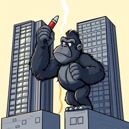 vector Cartoon gorilla gluing two skyscrapers together
