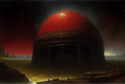 A dark red giant coliseum in a cosmic storm painted by John Atkinson Grimshaw
