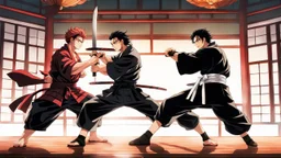 yujiro hanma vs yoriichi tsugukuni, baki vs kimetsu no yaiba, two mans standing in front of each other, a big strong man in black shirt with red hair and evil grin in martial art's stance facing a smaller feminine swordsman with long hair and calm face reaching for his sword in traditional japanese clothes both preparing to fight each other