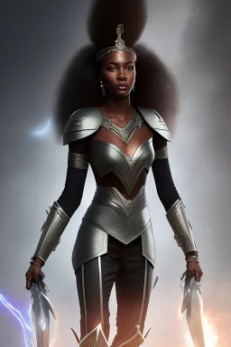 A black woman with silky long hair, wearing revealing combat armor, fantasy setting, ethereal, soft lighting