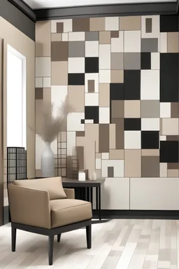 Create handpainted wall mural with an asymmetrical arrangement of rectangles and squares, showcasing the beauty of contrasting neutrals. Use black, white, and taupe for a balanced yet dynamic composition