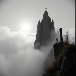 Close-up Ilford photograph of a creepy surreal landscape, rocky spur, eerie, no style, steep, autumn vegetation, very surreal, spooky, metaphysical objects, giant sun, intricate, thoughtful, appalling, deep 3d field, 8k, hypermaximalist, lot of fog