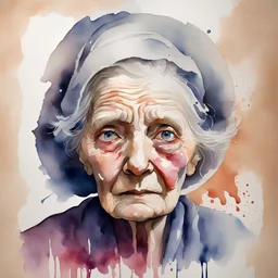 WaterColor Painting, Sick old woman's face with hand mirror stain