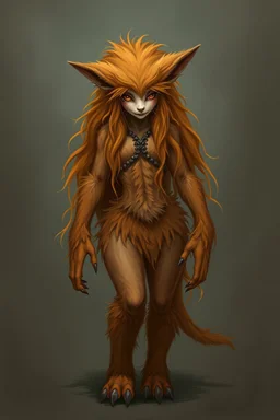 feral ginger beast girl with long hair and fur all over her entire body