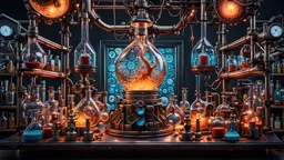 3D rendering of expressively detailed and intricate of a hyperrealistic chemistry laboratory experiment: symmetric, front view, colorful paint, tribalism, steampunk, shamanism, cosmic fractals, dystopian, octane render, volumetric lighting, 8k post-production, detailed metallic objects, dendritic, artstation: award-winning: professional portrait: atmospheric: commanding: fantastical: clarity: 16k: ultra quality: striking: brilliance: stunning colors: amazing, beautiful, stunning composition