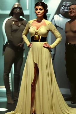 [Deanna Troi, Star Trek, Marina Sirtis] Deanna Troi, in princess Leia's slave costume of the Return of the Jedi, close to Jabba the Hutt.