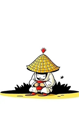 Cartoon Samurai sitting against wall with rice hat