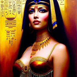 Drawing of beautiful face,busty 'cleopatra',throne,hieroglyphics,balanciaga fashion clothe painting by gaston bussiere, greg rutkowski, yoji shinkawa, yoshitaka amano, tsutomu nihei, donato giancola, tim hildebrandt, oil on canvas, cinematic composition, extreme detail,fit full head inside picture,16k