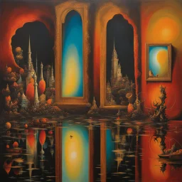 Hell inhabited by a chaos of surreal mirrors reflecting the true faces of the damned, infinity reflection, oil on canvas HDR DSLR, dynamic lighting, bright infernal colors, reflective, by Wayne Barlow, by Yves Tanguy, by Hieronymus Bosch.