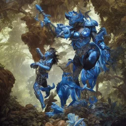 A Fantasy painting of an angry cougar in full blue and white armor, Inka jungle background, Blue fire coming out, highly detailed, digital painting, Artstation, concept art, matte, sharp focus, illustration, dramatic, art by artgerm and greg rutkowski and alphonse mucha