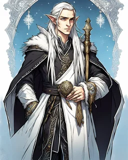 a young High Elf frost Wizard with long wiry hair, wearing a black trimmed white nobleman's robe and frost ornaments on clothes, with a small weasel on his shoulder