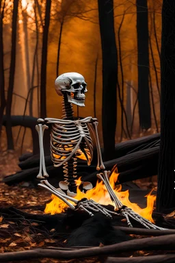 a skeleton on fire in the woods