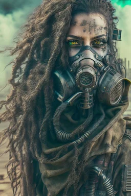 front facing full length portrait of a grunge armored female, dreadlock hair cyberpunk vampire mercenary with gas mask, telecommunications headset, and shemagh, highly detailed with gritty post apocalyptic textures, toxic irradiated landscape, finely detailed facial features, photorealistic 8k render