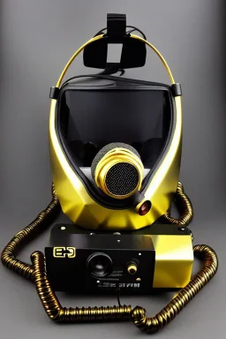 Metallic Cyber-punk style camera-mask and old headphones. Large fencing mask covers cheeks. Trim man. Reflective plastic body surface, golden skin, full-coverage. Body and Head full of integrated old-fashioned cameras and an old telephone. Golden to black surfaces body. Perfect body. Equations, Euclidean 3D-tiling, Escher tiling. 1996. Cables in head. Daft Punk. Matrix leather jacket. Hood. Beanie.