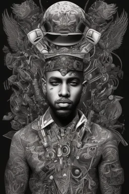 Black rapper with all the jewelery and tattoos, scateboard. Surrounded by an abstract backstreet graffiti vibe