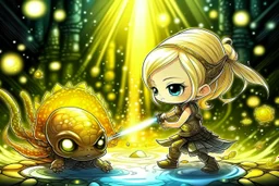 cute blonde chibi princess fighting with an ugly giant monster with a golden laser sabre, golden coin stacks, pond, in sunshine, H.R. Giger, anime, steampunk, surreal, watercolor and black in outlines, golden glitter, ethereal, cinematic postprocessing, bokeh, dof