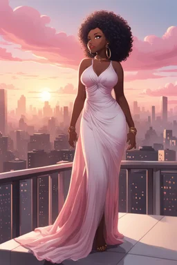 The scene opens onto a serene balcony overlooking a bustling city skyline. The sky above is painted in soft hues of pink and gray as the sun begins its descent, casting a warm glow over everything it touches. In the foreground stands a captivating figure, airbrush chibi cartoon curvy black woman exuding confidence and elegance. She is adorned in a flowing white knit maxi dress that hugs her curves in all the right places, accentuating her silhouette. Her choice of footwear is equally stunning