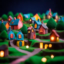 Odd dada village made of modeling clay, odd, block colours, houses, naïve, Tim Burton, Harry Potter, surreal landscape, sharp focus, colorful, stars and planets, bokeh, 8k, highly detailed, large format film, medium format film, shot on Hasselblad