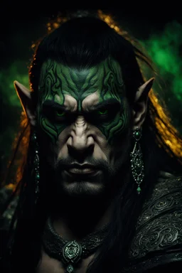 portrait of an orc king with pale skin. scar running across one eye. Tribal Tattoos Dark hair and green eyes. His look is sad. Half of his head is shaved. wearing jewellery. High resolution. 4K. 8K. Dark Fantasy style. Cave in the background