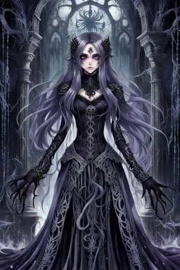 a dark fantasy anime character with large expressive dark eyes goth make up, dark-purple-black-silver color long hair that appears to flow like water. The surreal stunning character wearing a whimsical dress adorned with gothic patterns , silver lines, lacy, and standing in a surreal, nightmare haunted hall. ruins, random dark fantasy background, pale light, raven, spider on corner