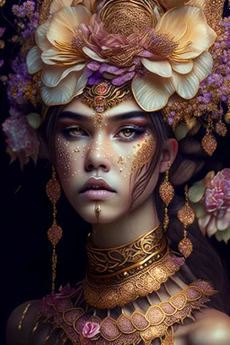 Beautiful face d young lady, adorned with árt Nouveau style tiger lily flower, liliflower, a hat and. Rose quartz beads colour gradient, Golden dust patina ornate headdress wearing árt Nouveau style floral lily lace ornate and gold chain effect ed costume organic bio spinal ribbed detail of full árt Nouveau floral background by the moonlight extremely detailed hyperrealistic maximálist portrait art