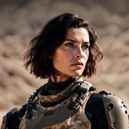 beautiful sexy caucasian female soldier, black metal body and limbs, visible cybernetic limbs, scratched sand camo, no armor, short brunette wavy bob haircut, dystopian, desert scene