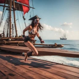 zombie running on a pirate flagship plank, in bikini