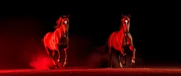 2 horses running towards the viewer but opposite sides, mostly red tones on dark background