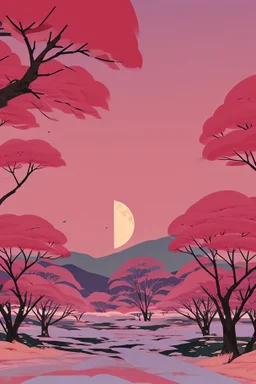 a land scape of Japanese garden, big moon, red sky in the night , surrounded by cherry blossom trees, cel shading