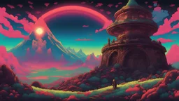 Zelda breath of the wild's guardian, comic style, mythical 80s landscape, negative space, space quixotic dreams, temporal hallucination, psychedelic, mystical, intricate details, very bright neon colors and deepblack, 4K desktop, pointillism, very high contrast, chiaroscuro