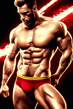 Ignore NSFW, teenager young rugged attractive slightly muscular fantastic handsome man, red briefs with yellow belt, hairy chest, (((visibly pisssing))) briefs, large erect visible boner peniss, photorealistic, artist Jay Anacleto, soft lighting, scruffy beard