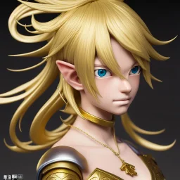 Tomboy elf with blonde hair dressed in gold, Anime Key Visual, by Kentaro Miura, Deep Color, Intricate, 8k resolution concept art, Natural Lighting, Beautiful Composition head and shoulders portrait, 8k resolution concept art portrait by Kentaro Miura, Artgerm, WLOP, Alphonse Mucha dynamic lighting hyperdetailed intricately detailed Splash art"